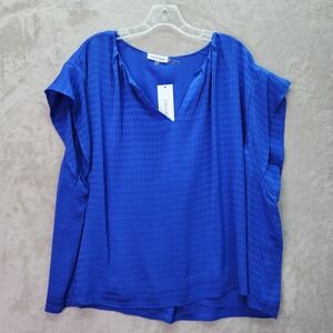 Calvin Klein Tunic Women Plus 3X Blue Textured V Neck Short Sleeve Blouse Career